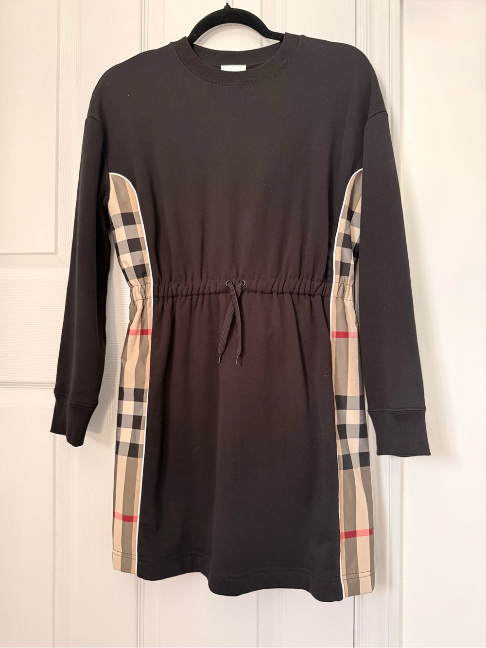 Burberry Girls Black Casual Drawstring Dress with Beige Plaid Panels